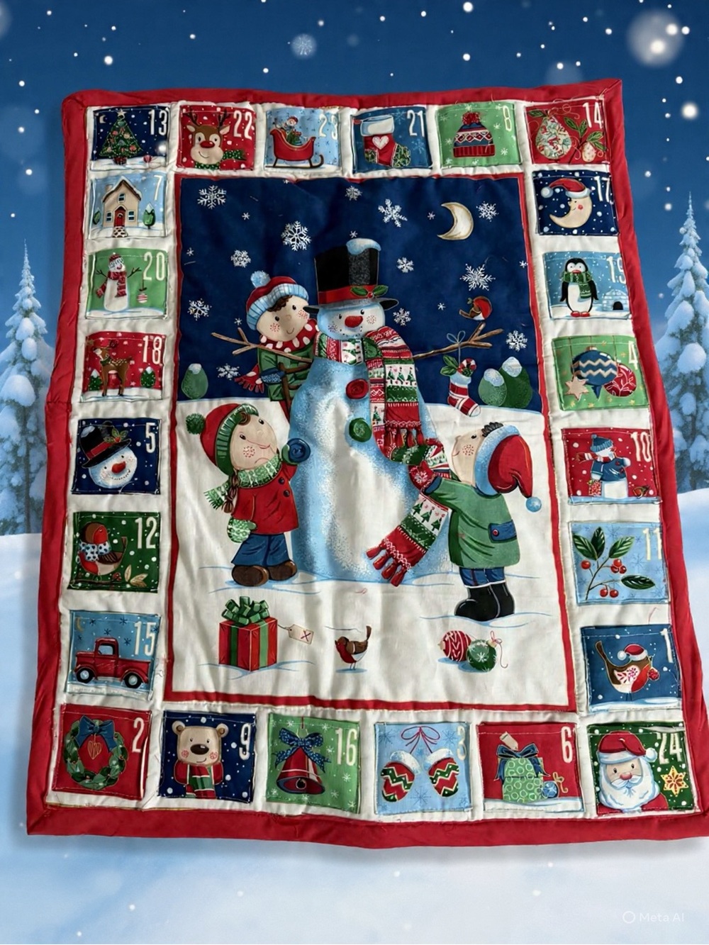 Handmade Holiday Snowman Advent Calendar Wall Hanging- Red/Green/Blue